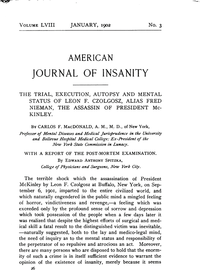 The Trial, Execution, Autopsy And Mental Status Of Leon F. Czolgosz 