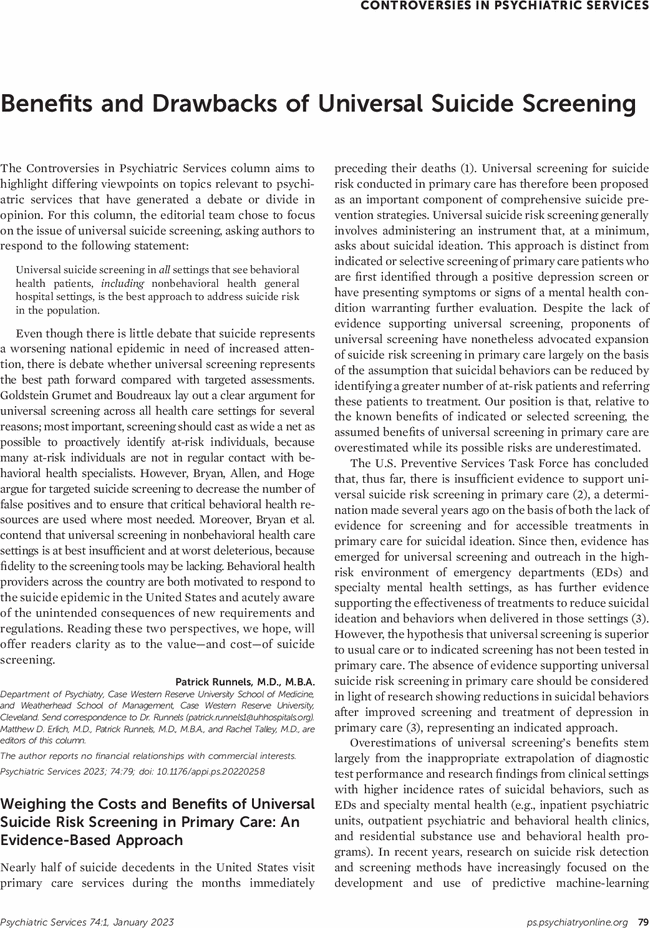 Weighing the Costs and Benefits of Universal Suicide Risk Screening in ...